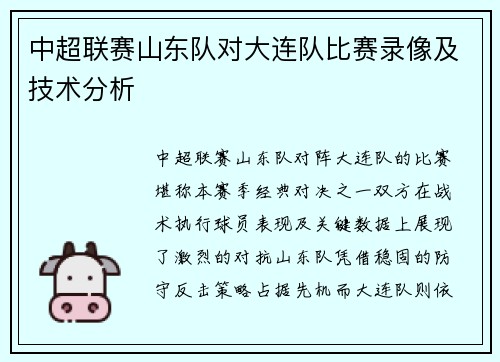 中超联赛山东队对大连队比赛录像及技术分析