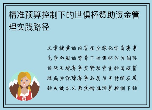 精准预算控制下的世俱杯赞助资金管理实践路径