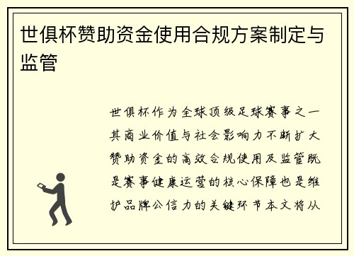 世俱杯赞助资金使用合规方案制定与监管